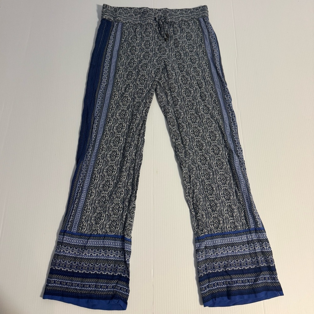Bohemian Wide Leg Pants Blue White Abstract Geometric Medium Artisan NY Hippie